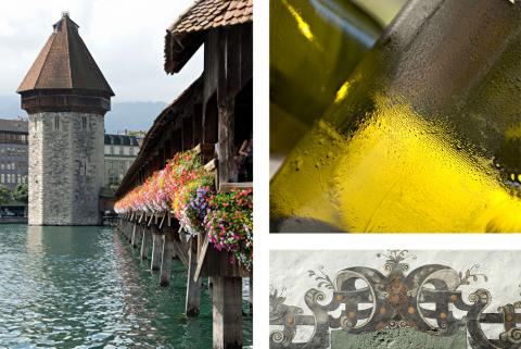 Collage of images from Luzern, and white wine bottle. Image by A. Haenni